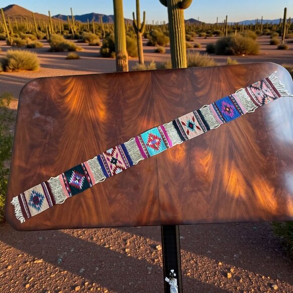 Zapotec 7 Panel Table Runner Mexican 79 "x 7"  Wool Hand Woven Folk Art Fringe - Picture 1 of 16